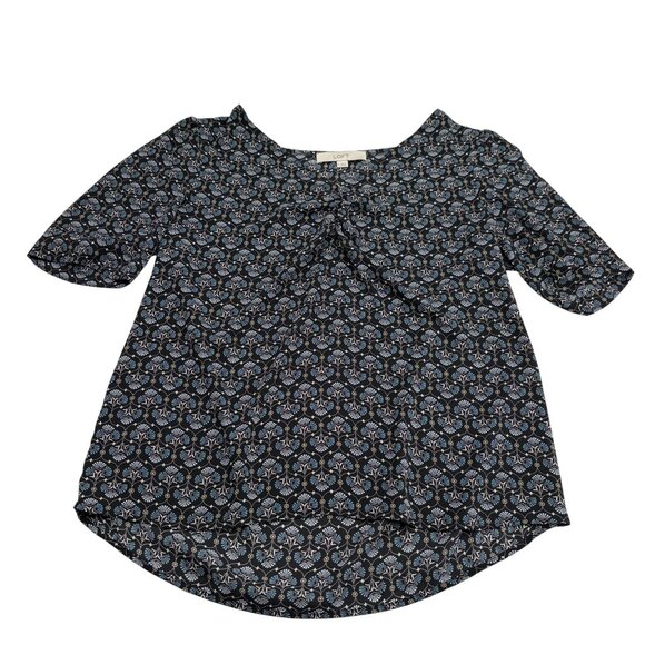 Loft Womens Short Sleeve Blouse Size Small Black & Blue Floral Pattern - Picture 1 of 5